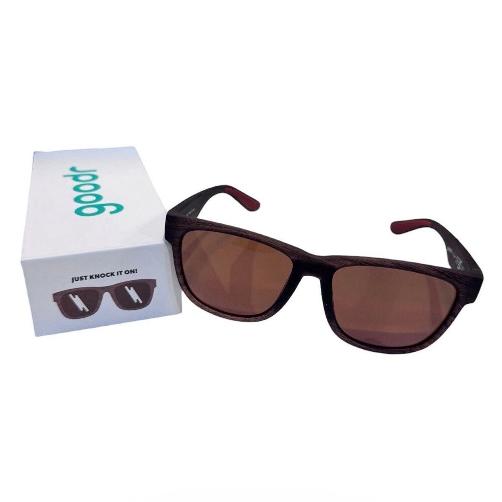 Goodr BFG Polarized Sunglasses “Just Knock It On” Woodgrain Brown w/Box & Bag
